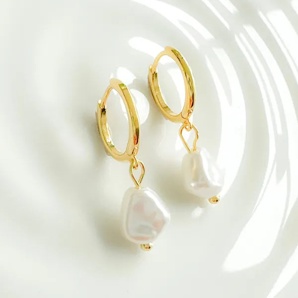 Pearl Drop Huggies Gold