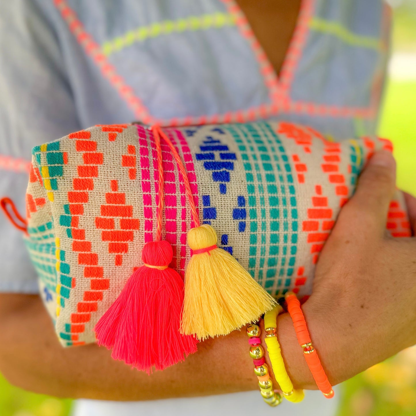 Embroidered Pouch, Orange, Pink and Green