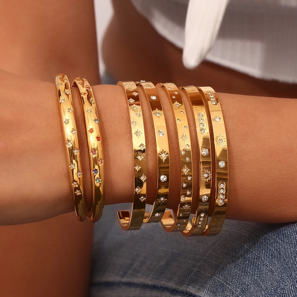 Belly Gold Bangle - Rainbow Zircon Star Round Cuff