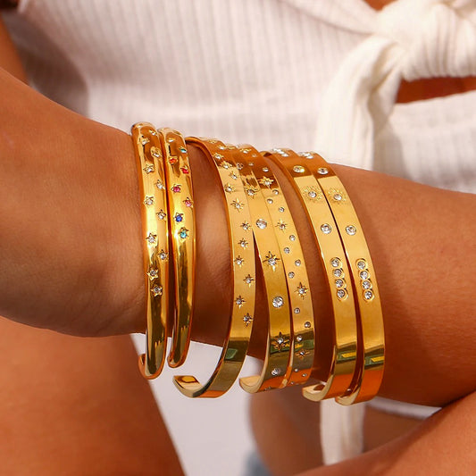Belly Gold Bangle - Rainbow Zircon Star Round Cuff