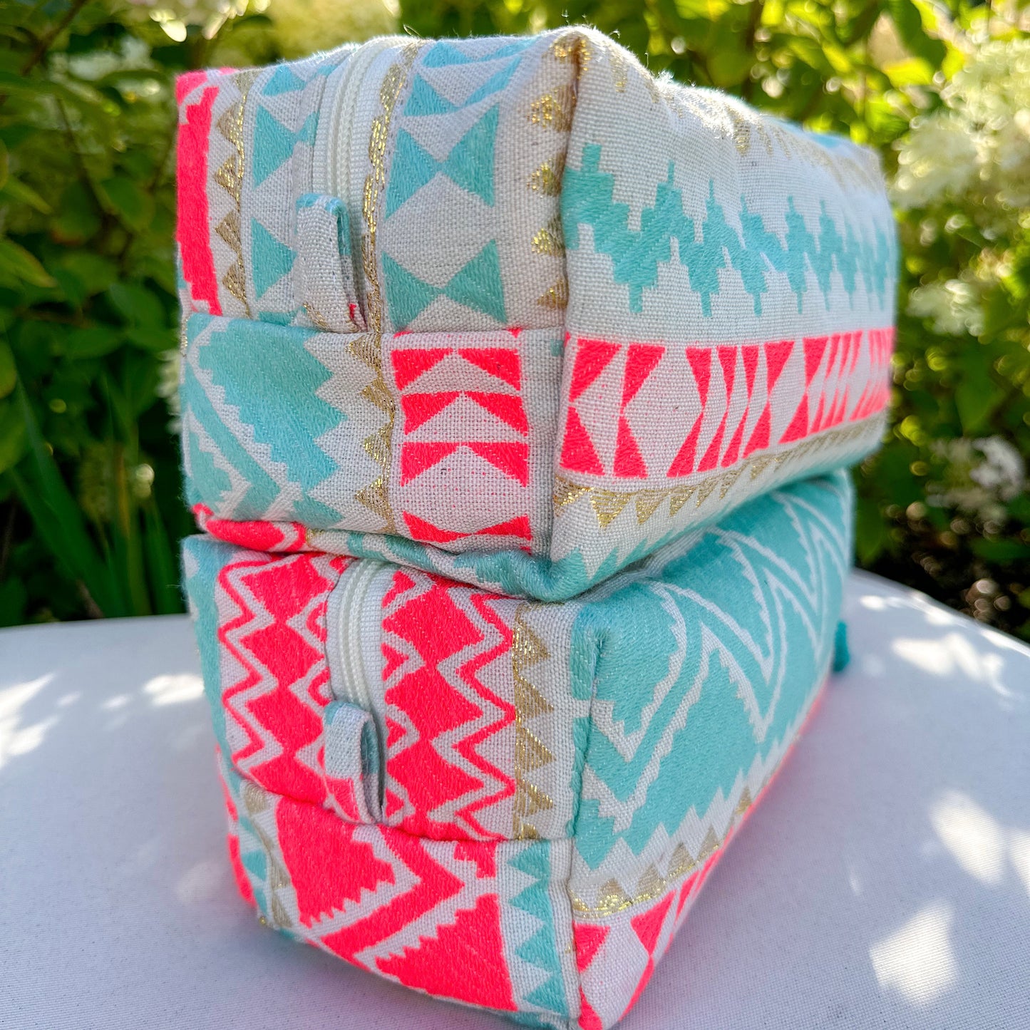 Embroidered Pouch Neon Coral & Mint