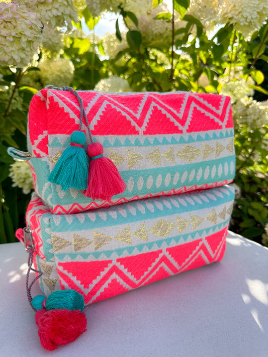 Embroidered Pouch Neon Coral & Mint