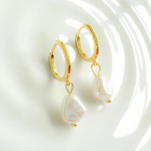 Pearl Drop Huggies Gold