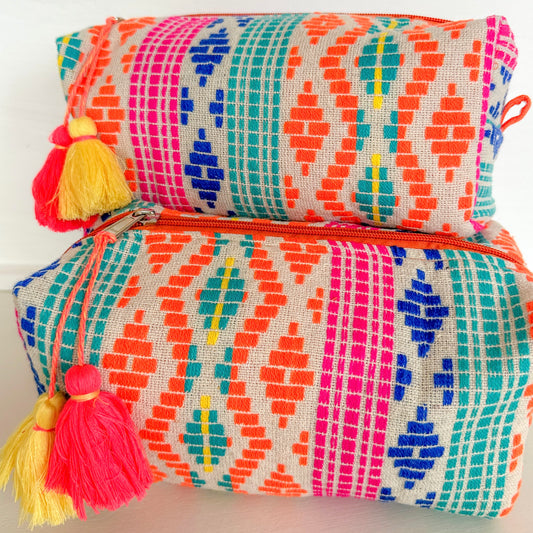 Embroidered Pouch, Orange, Pink and Green