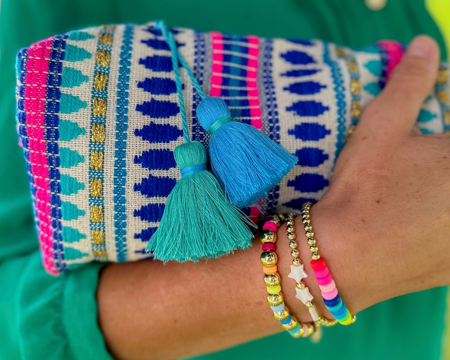 Embroidered Pouch, Green,Blue, Pink
