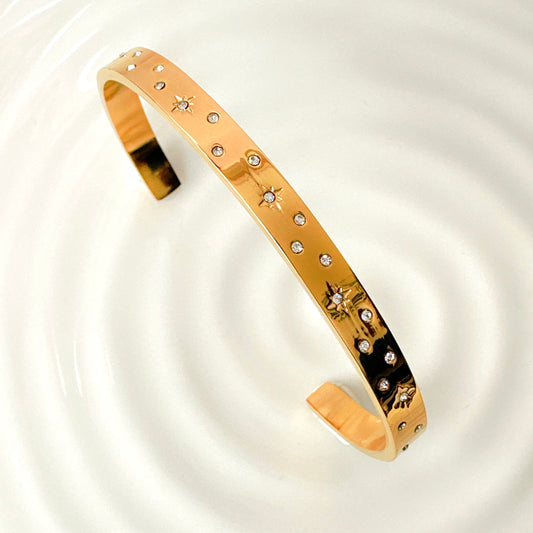 Belly Gold Bangle - White Zircon Star Flat Cuff