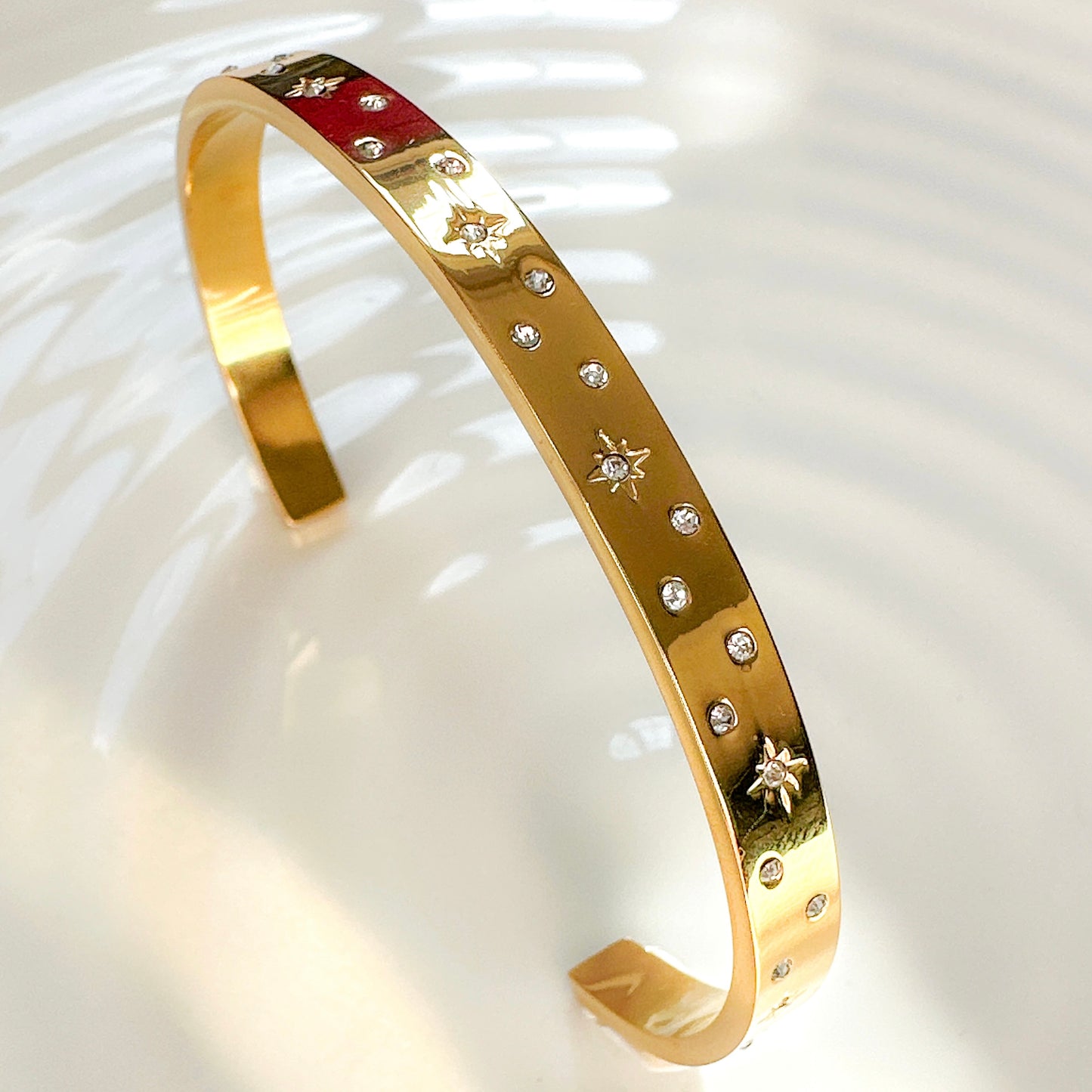 Belly Gold Bangle - White Zircon Star Flat Cuff
