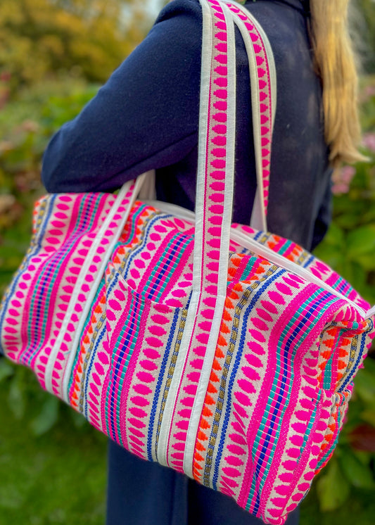 Embroidered Overnight Bag Pink & Orange