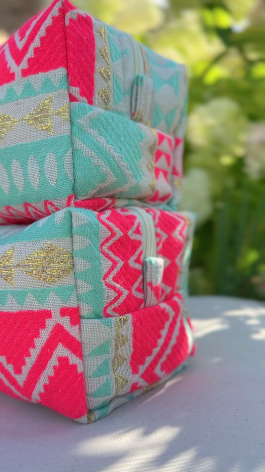 Embroidered Pouch Neon Coral & Mint